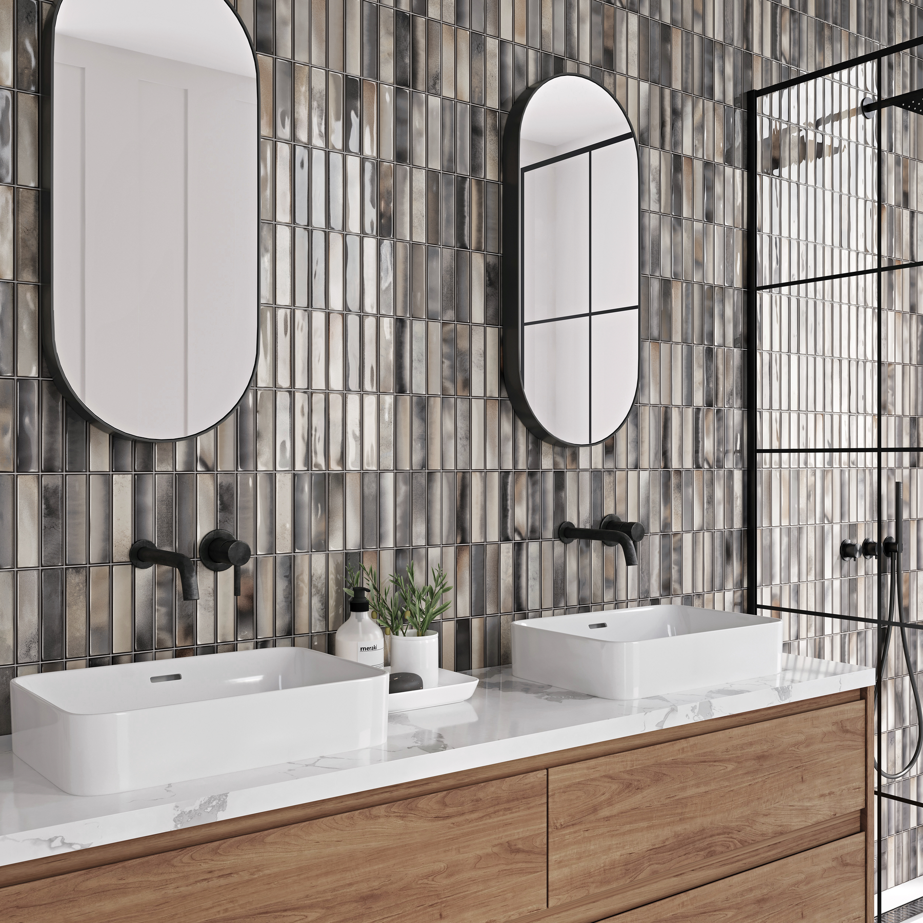 Bravier Greige Brick Effect Ceramic Gloss Wall Tile 15x30cm