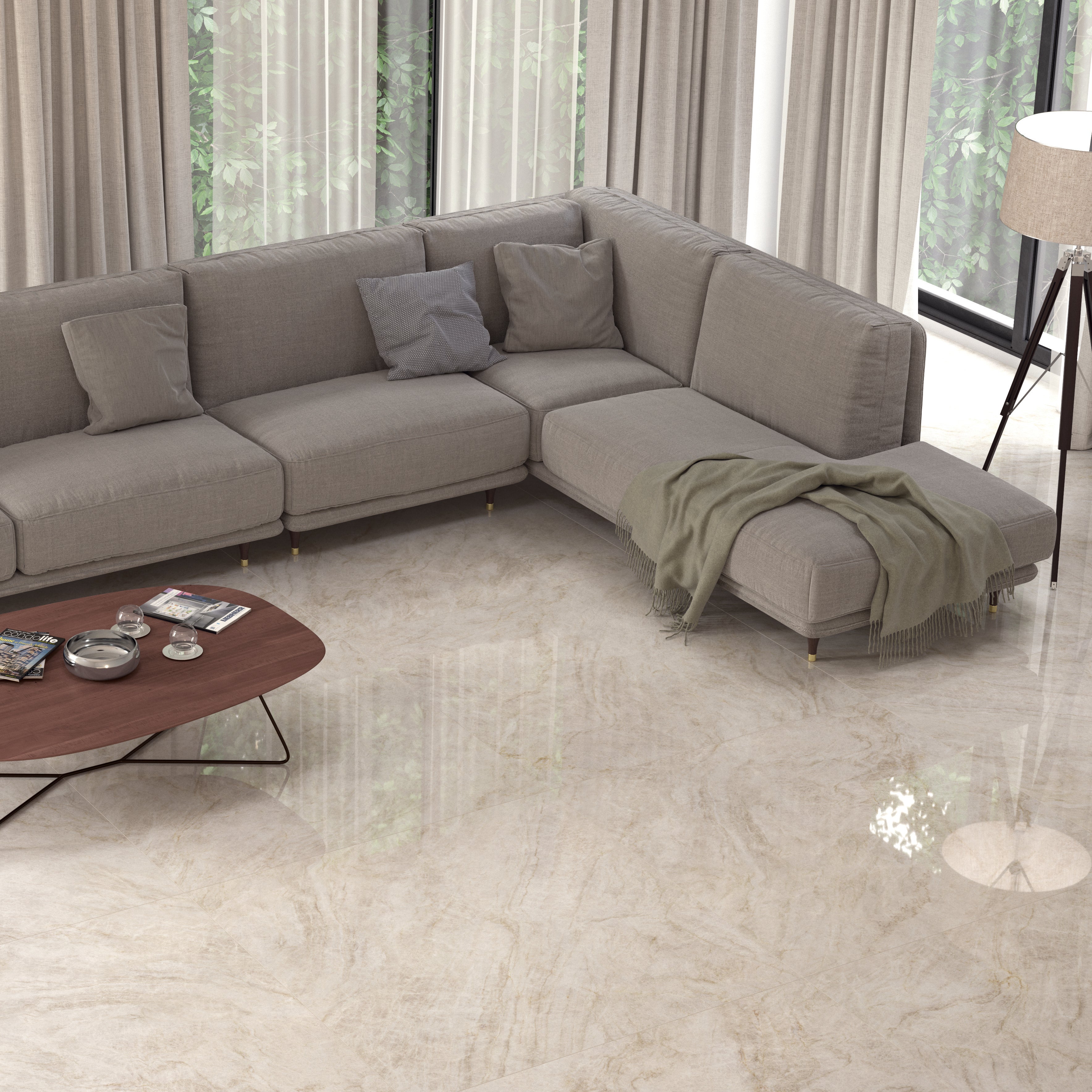 Tangier Ivory Polished Stone Effect Porcelain Tile 60x60cm