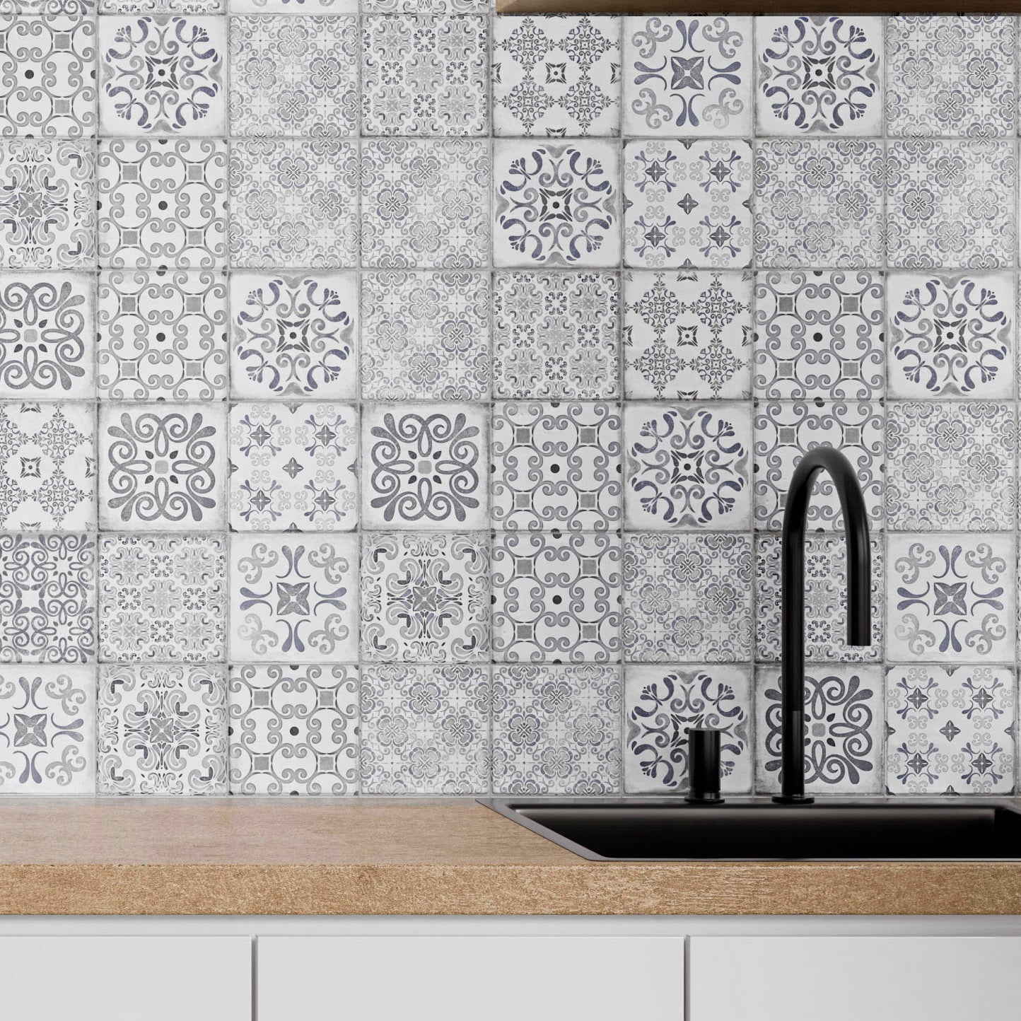 Paris Grey Décor Pattern Ceramic Gloss Wall Tile 15x15cm