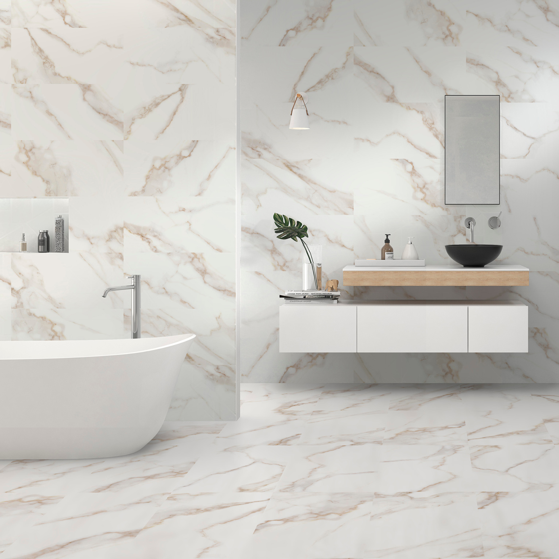 Accra White Gold Marble Effect Ceramic Gloss Tile 45x45cm