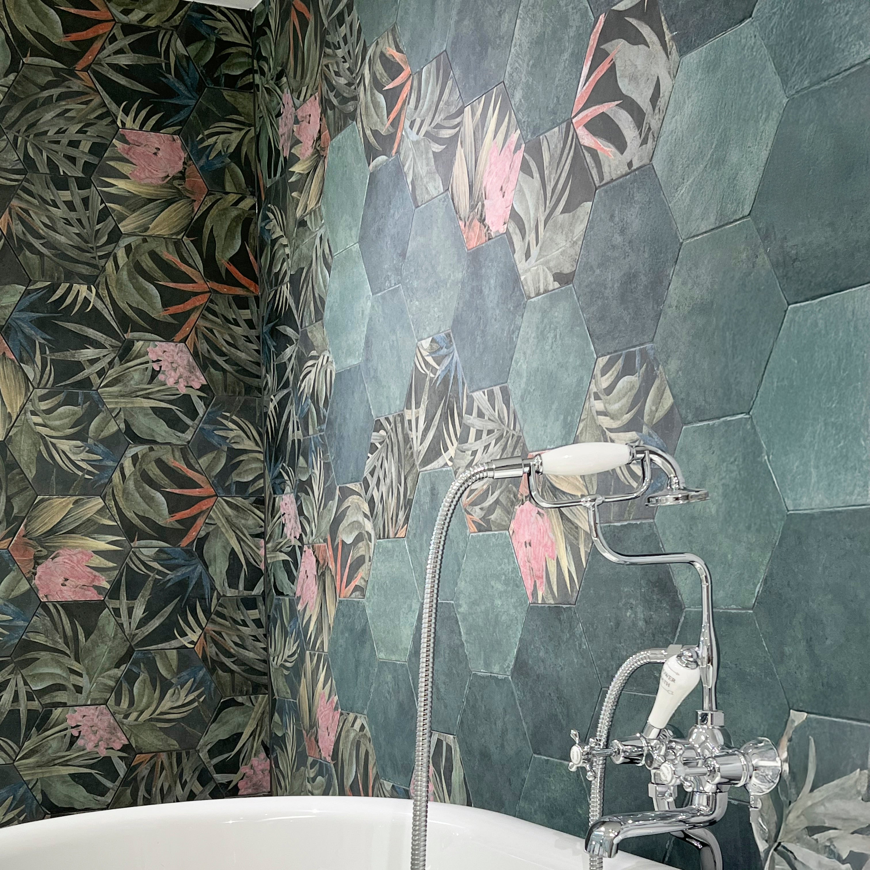 Aulla Lava Floral Pattern Porcelain Hexagonal Tile 23x27cm