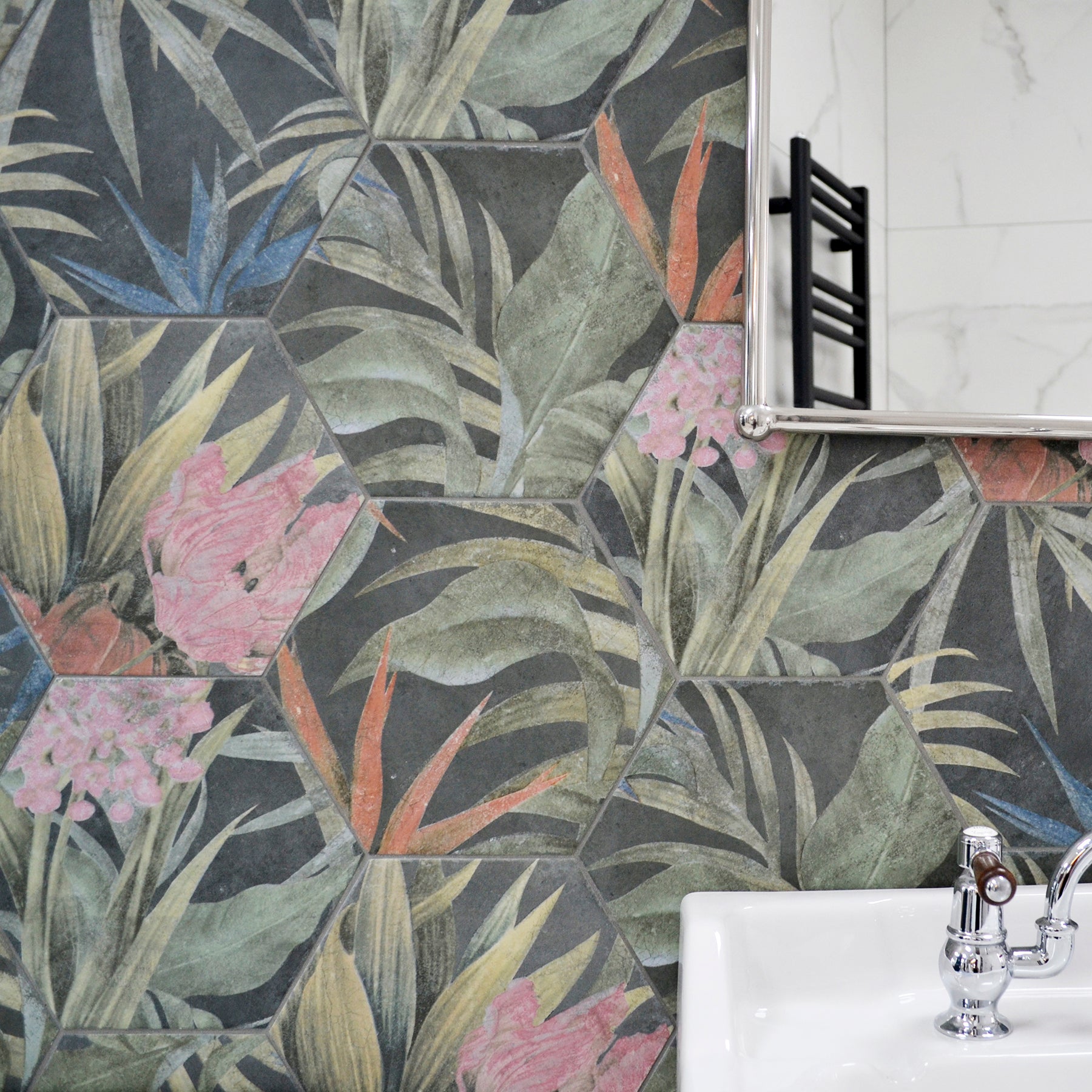 Aulla Lava Floral Pattern Porcelain Hexagonal Tile 23x27cm
