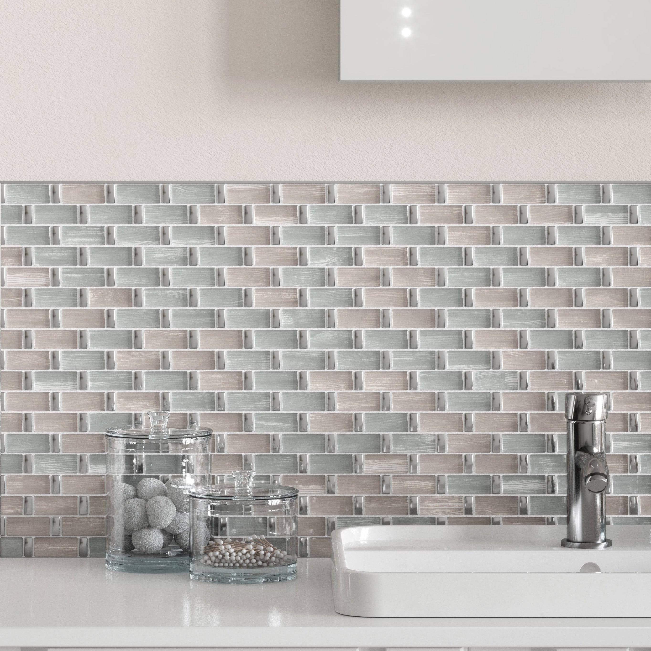 Cascade Silver Metal & Glass Gloss Brick Mosaic 30x30cm