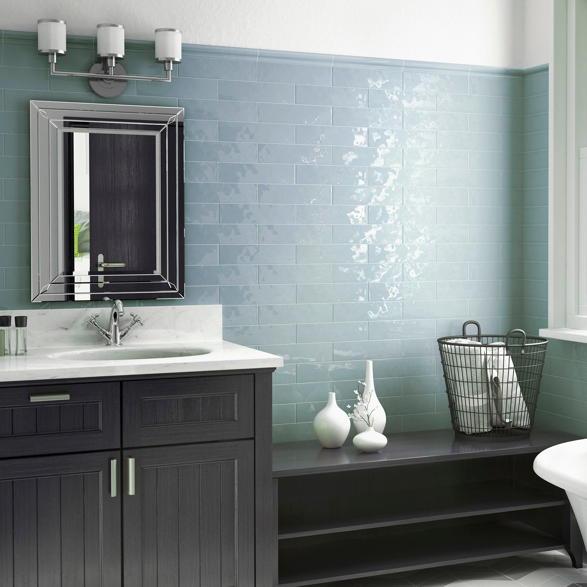 Corato Blue Ash Pastel Ceramic Gloss Brick Tile 7.5x30cm