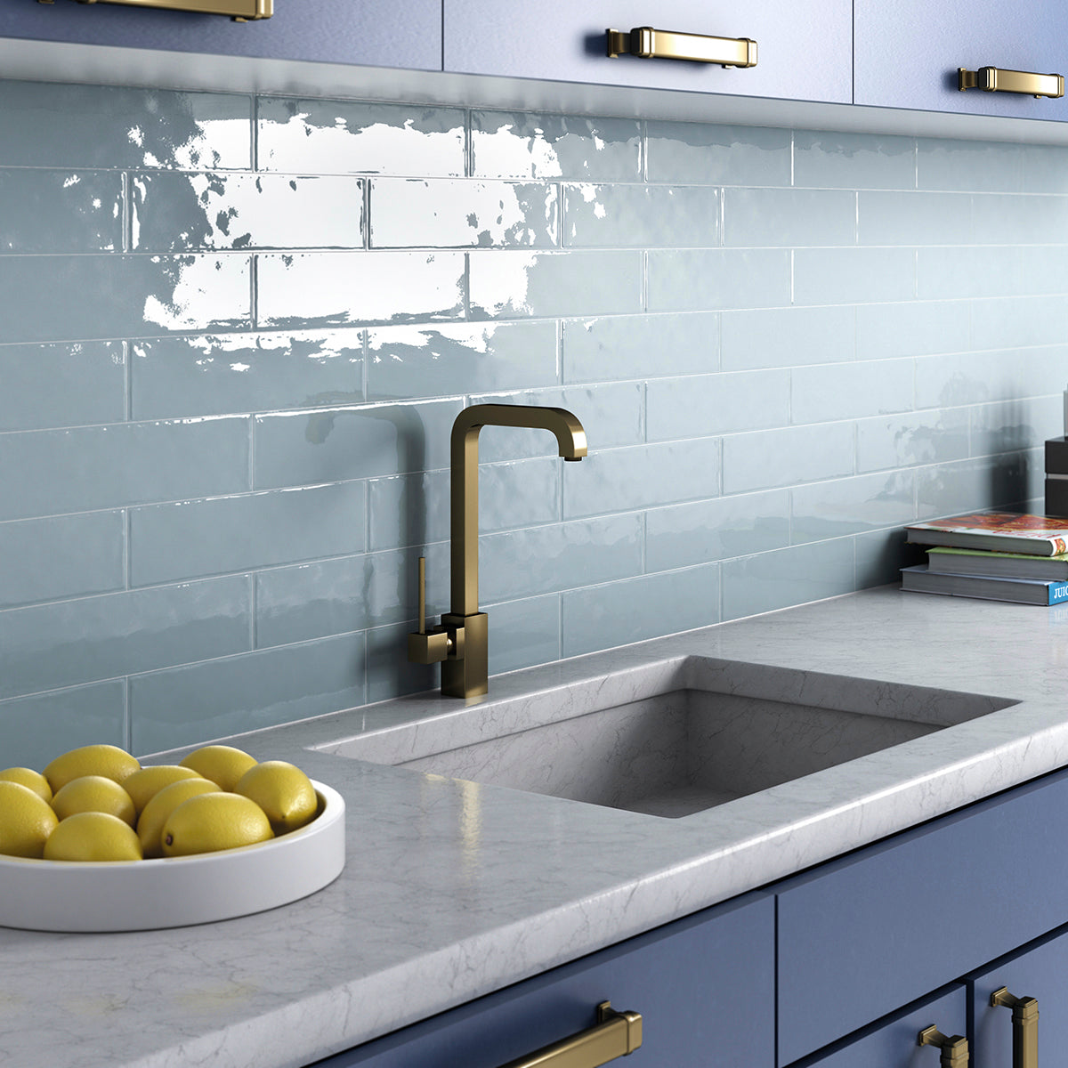 Corato Blue Ash Pastel Ceramic Gloss Brick Tile 7.5x30cm