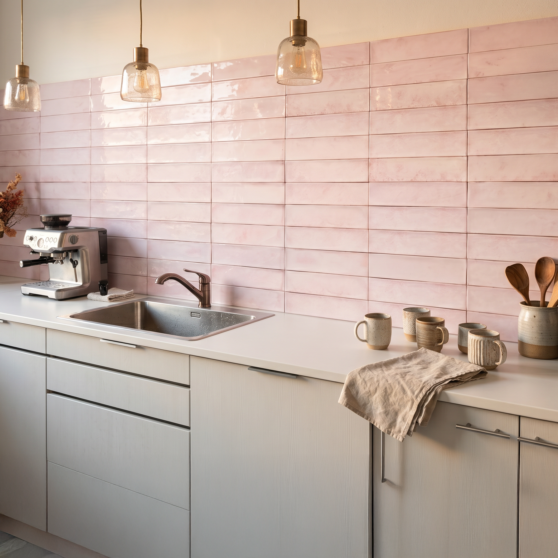 Daloa Pink Pastel Ceramic Gloss Brick Wall Tile 7.5x30cm