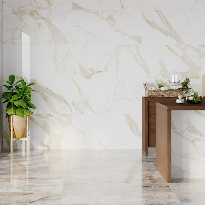 Calgary Gold Marble Effect Porcelain Polished Tile 60x120cm