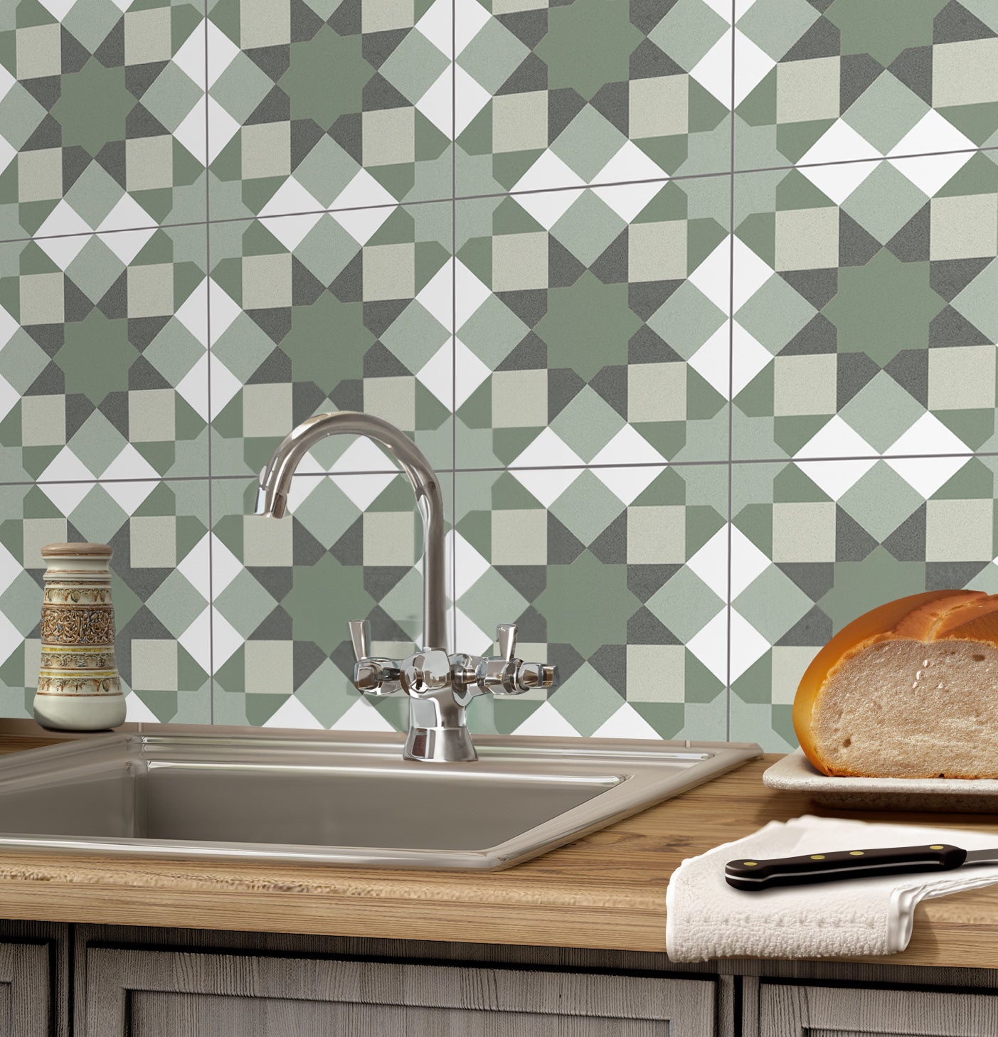 Haywood Green Geometric Pattern Ceramic Tile 20x20cm