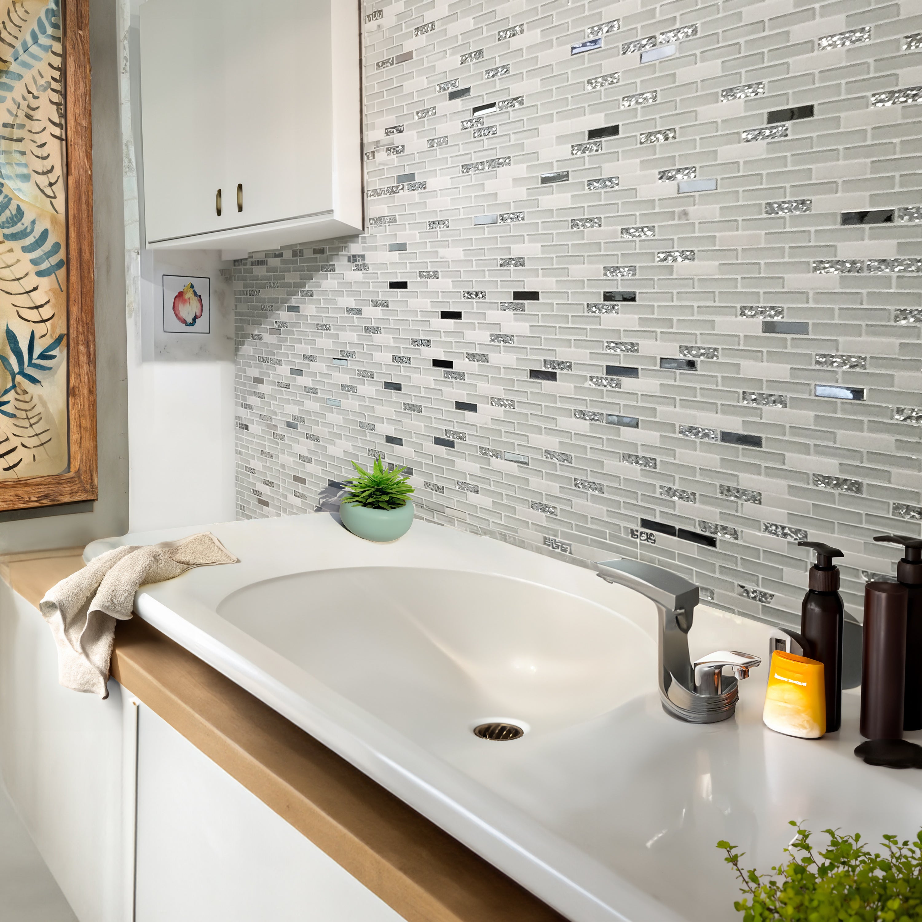 Iceberg White Brick Glass Stone Metal Gloss Mosaic 30x30cm
