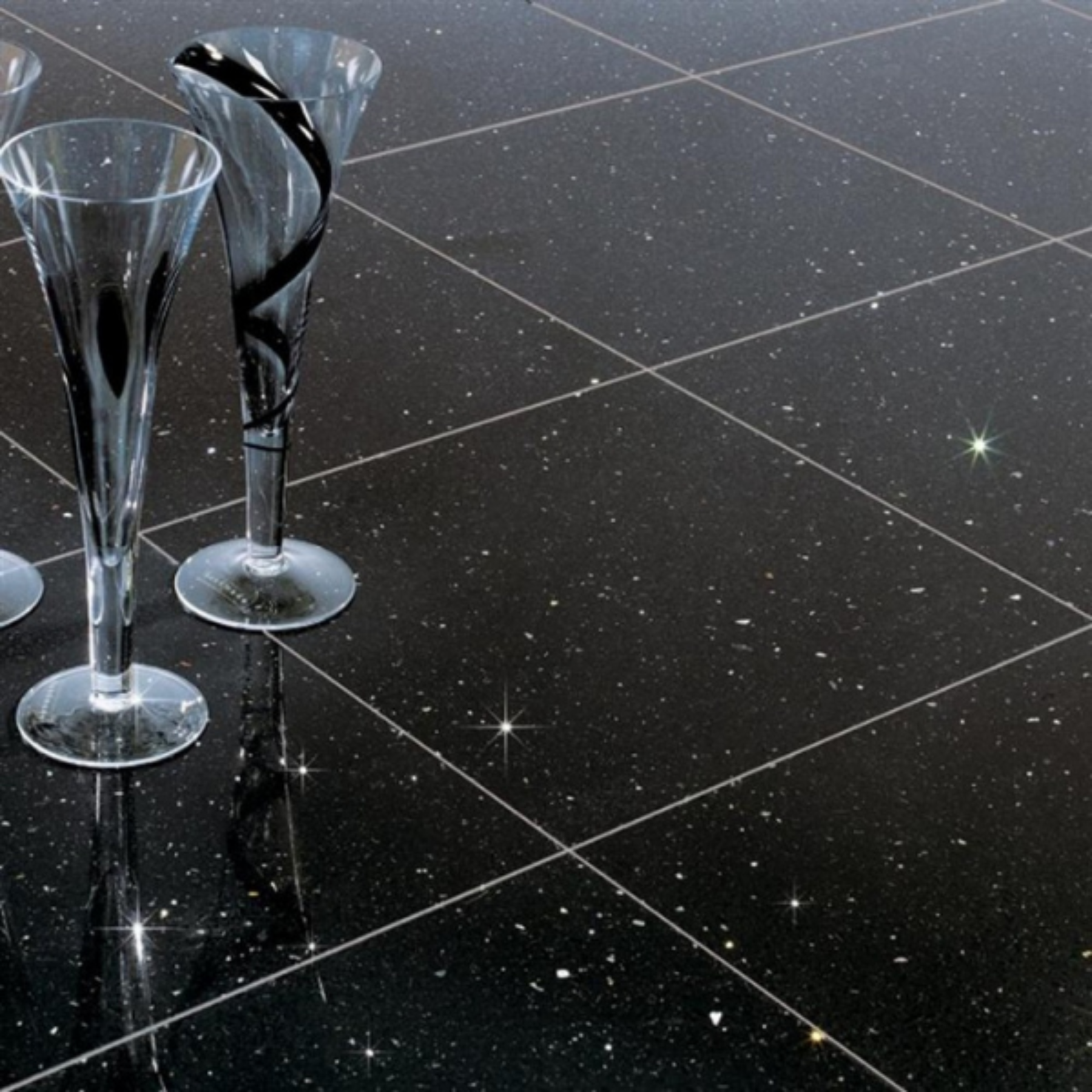 Lightning Black Sparkly Quartz Resin Gloss Tile 60x60cm