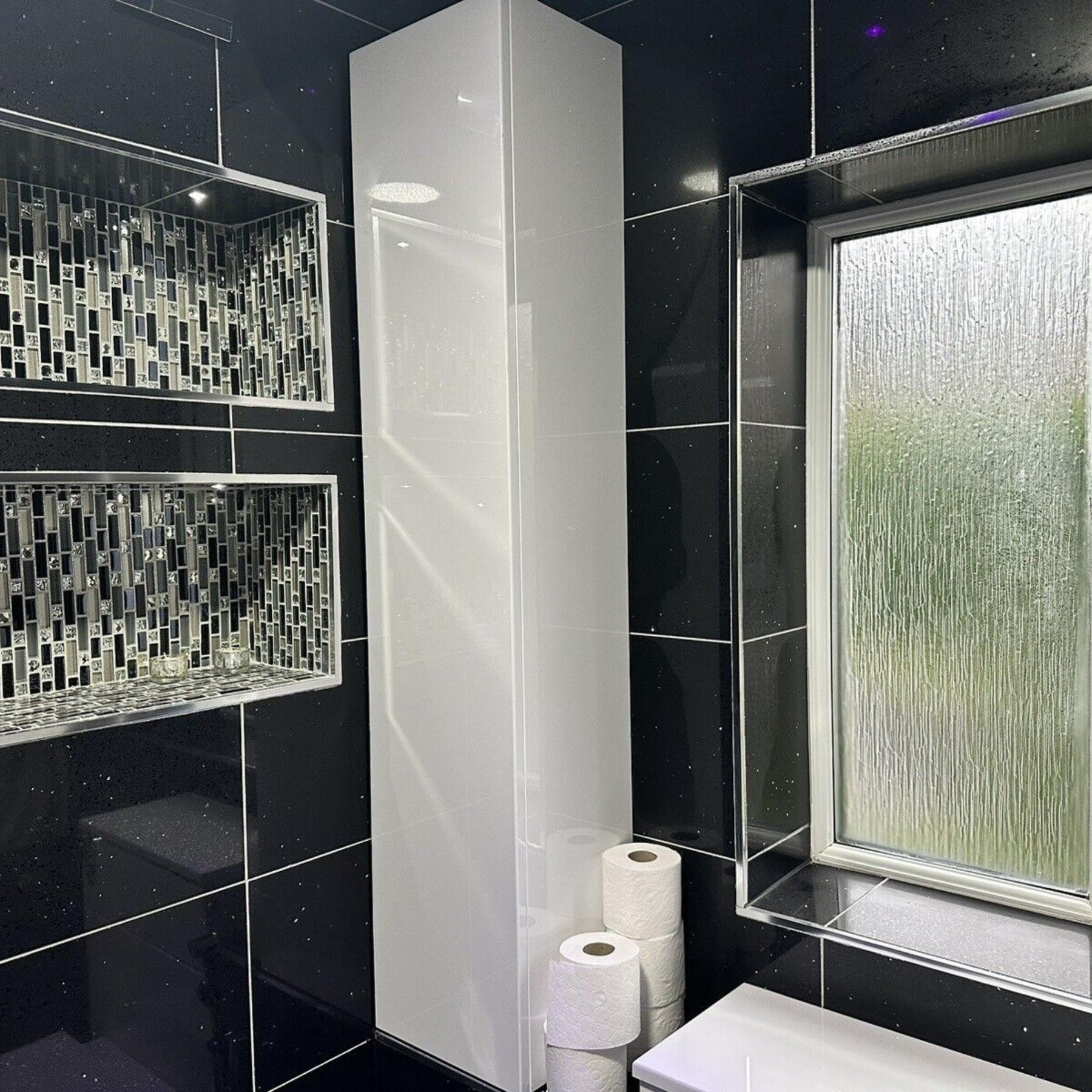 Lightning Black Sparkly Quartz Resin Gloss Tile 60x60cm