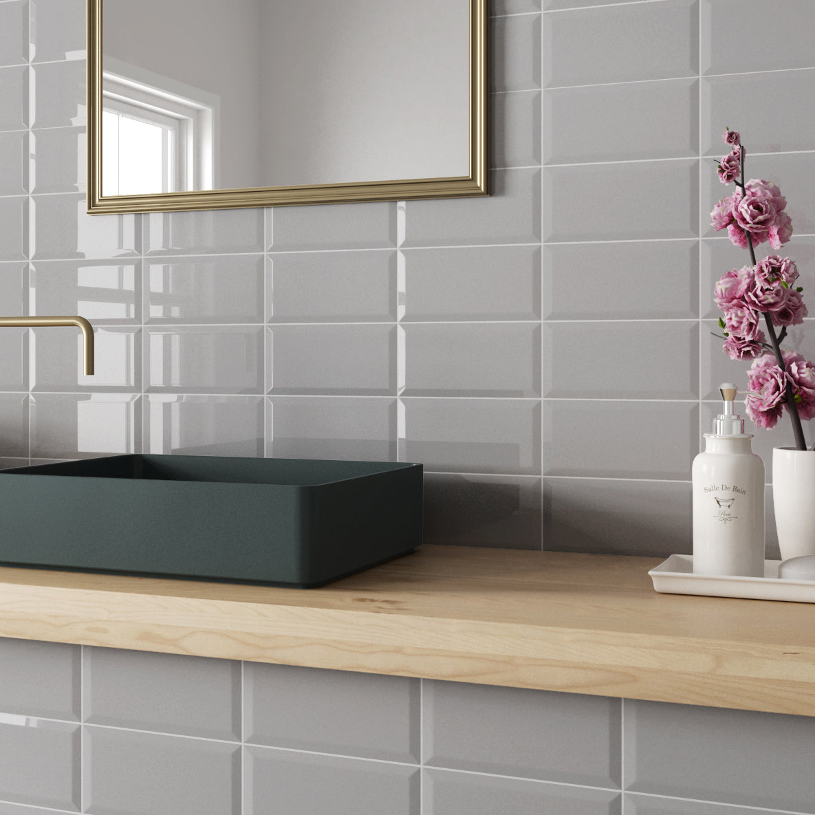 Prismatic Arctic Grey Bevel Ceramic Gloss Wall Tile 10x20cm