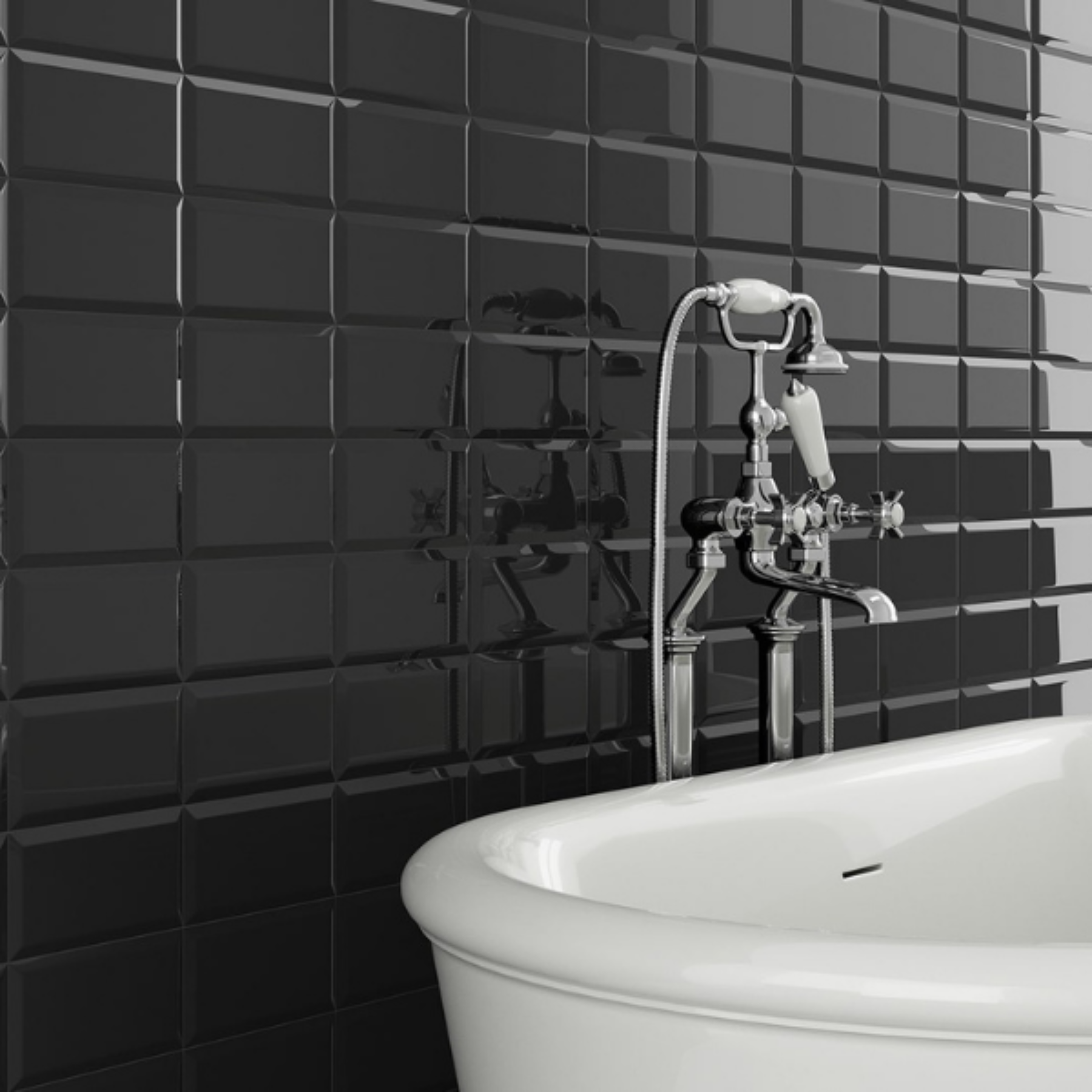 Prismatic Black Brick Bevel Ceramic Gloss Wall Tile 10x20cm