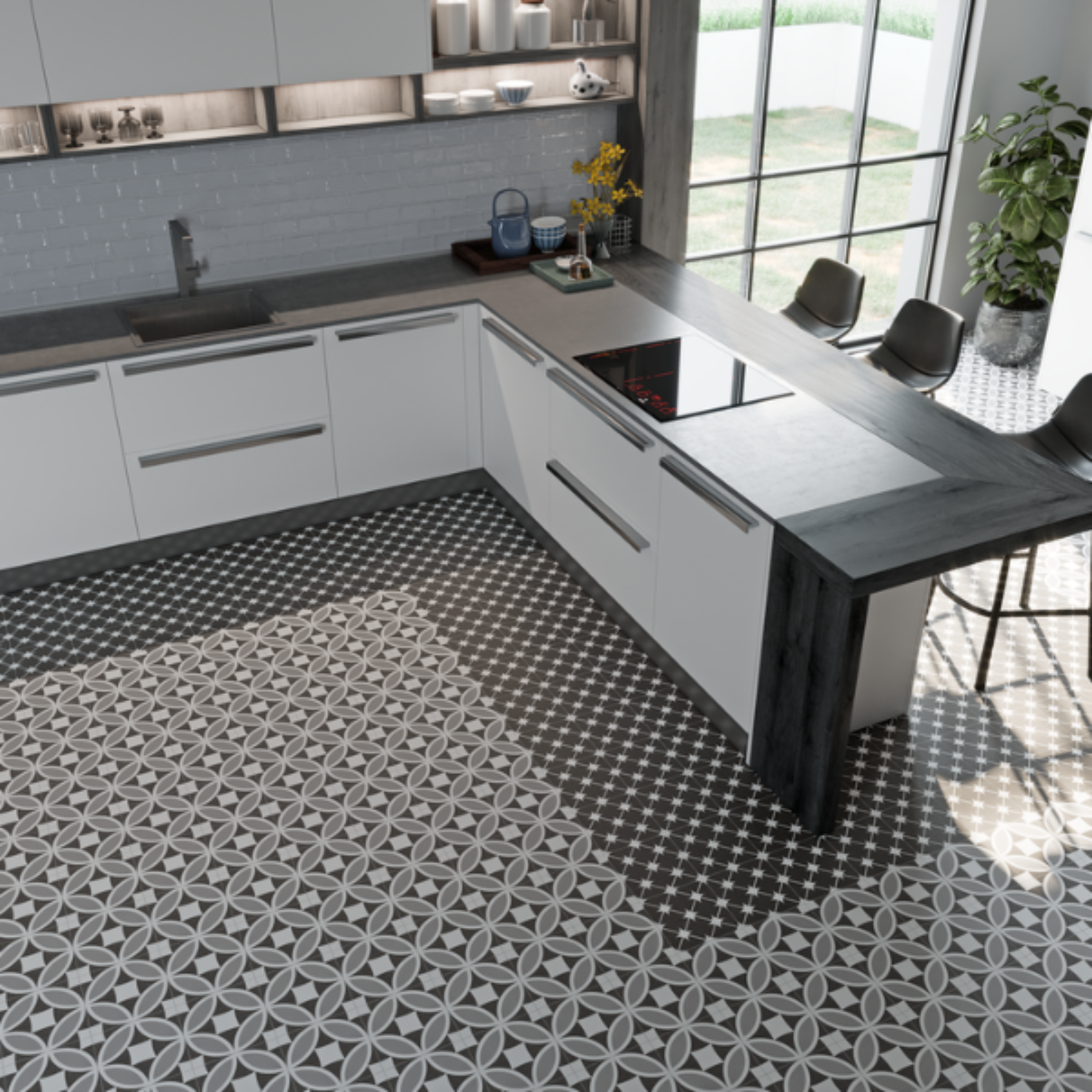 Osyra Grey & White Geometric Pattern Ceramic Tile 20x20cm