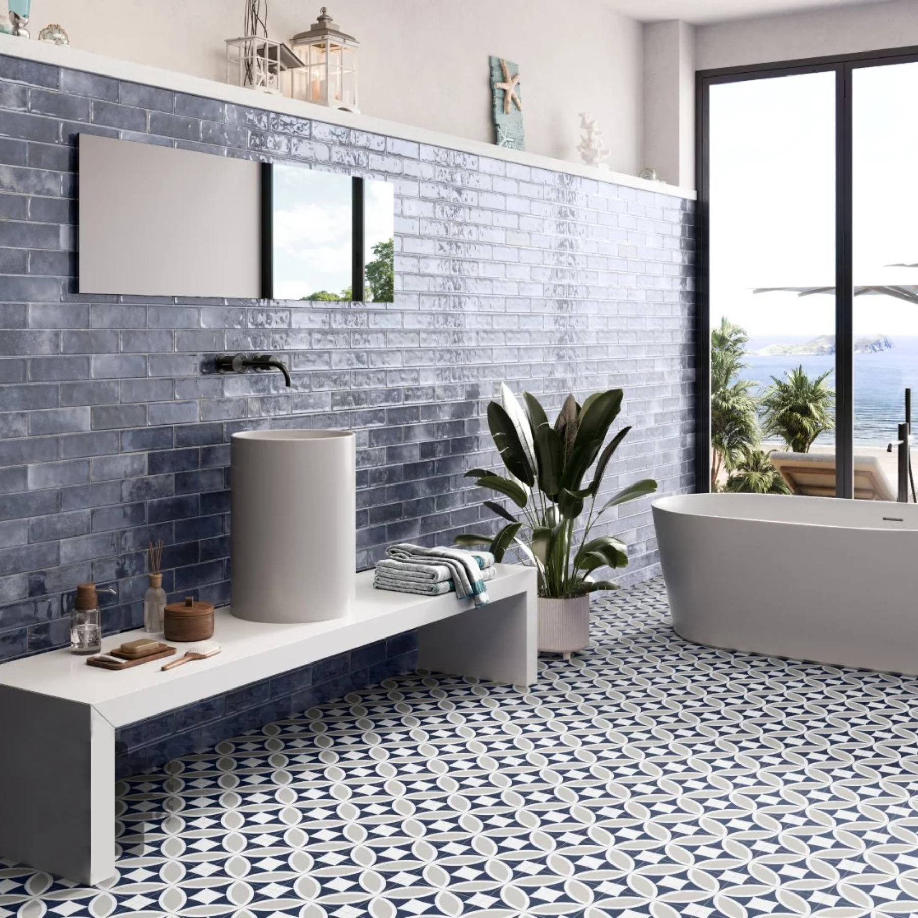 Osyra Blue & White Geometric Pattern Ceramic Tile 20x20cm