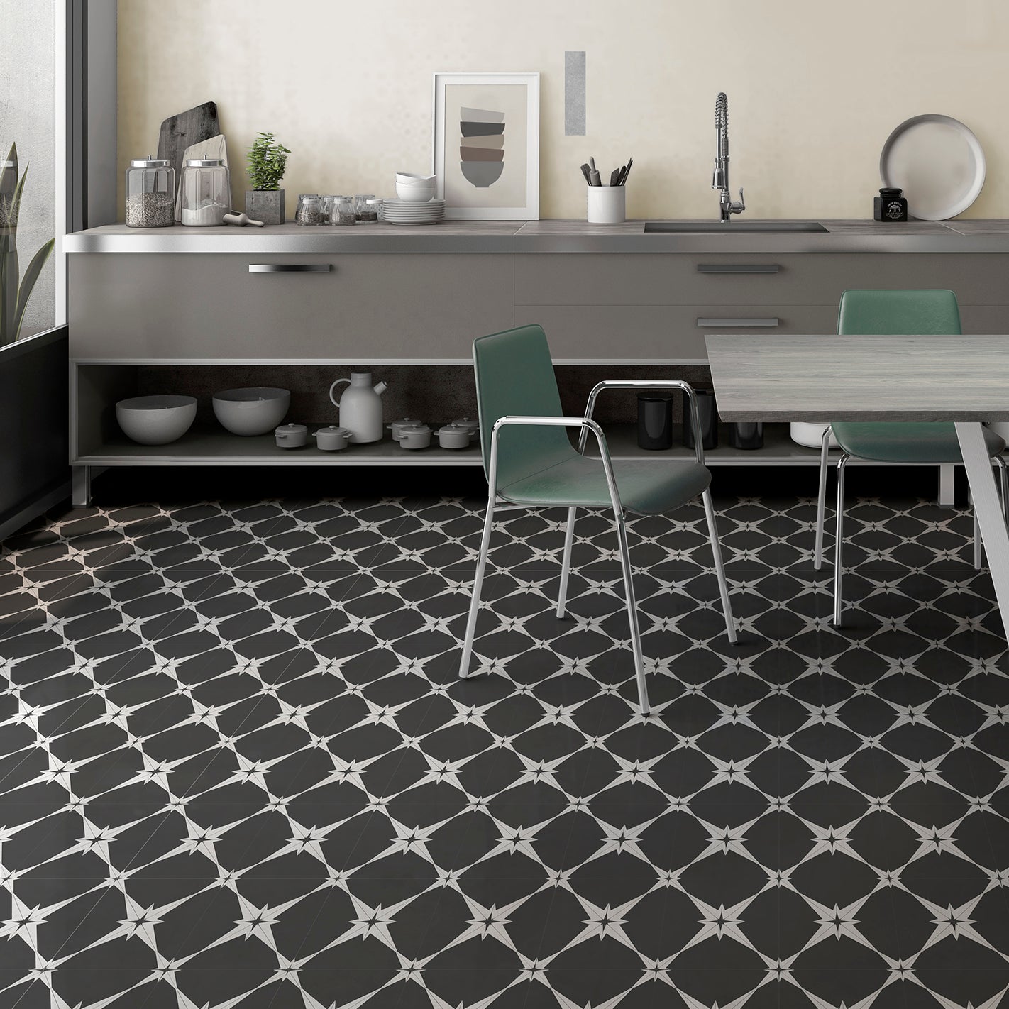 Pluto Black & White Star Pattern Ceramic Tile 45x45cm