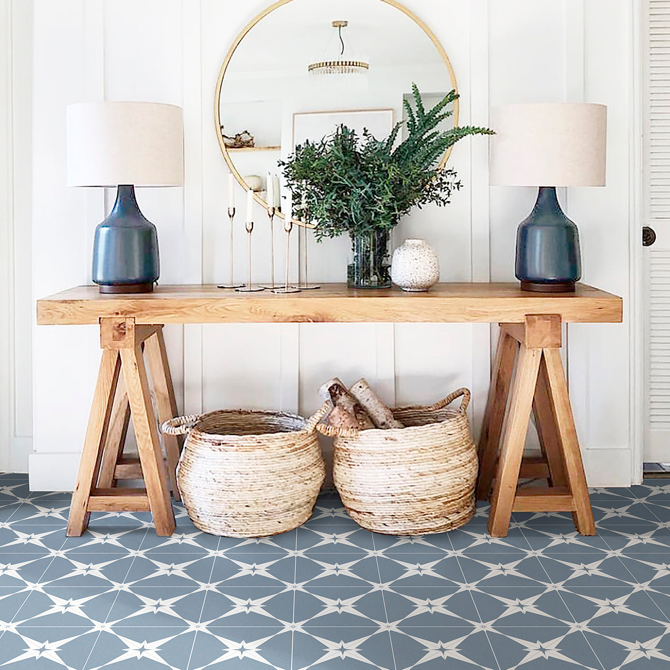 Pluto Marine Blue White Star Pattern Ceramic Tile 45x45cm