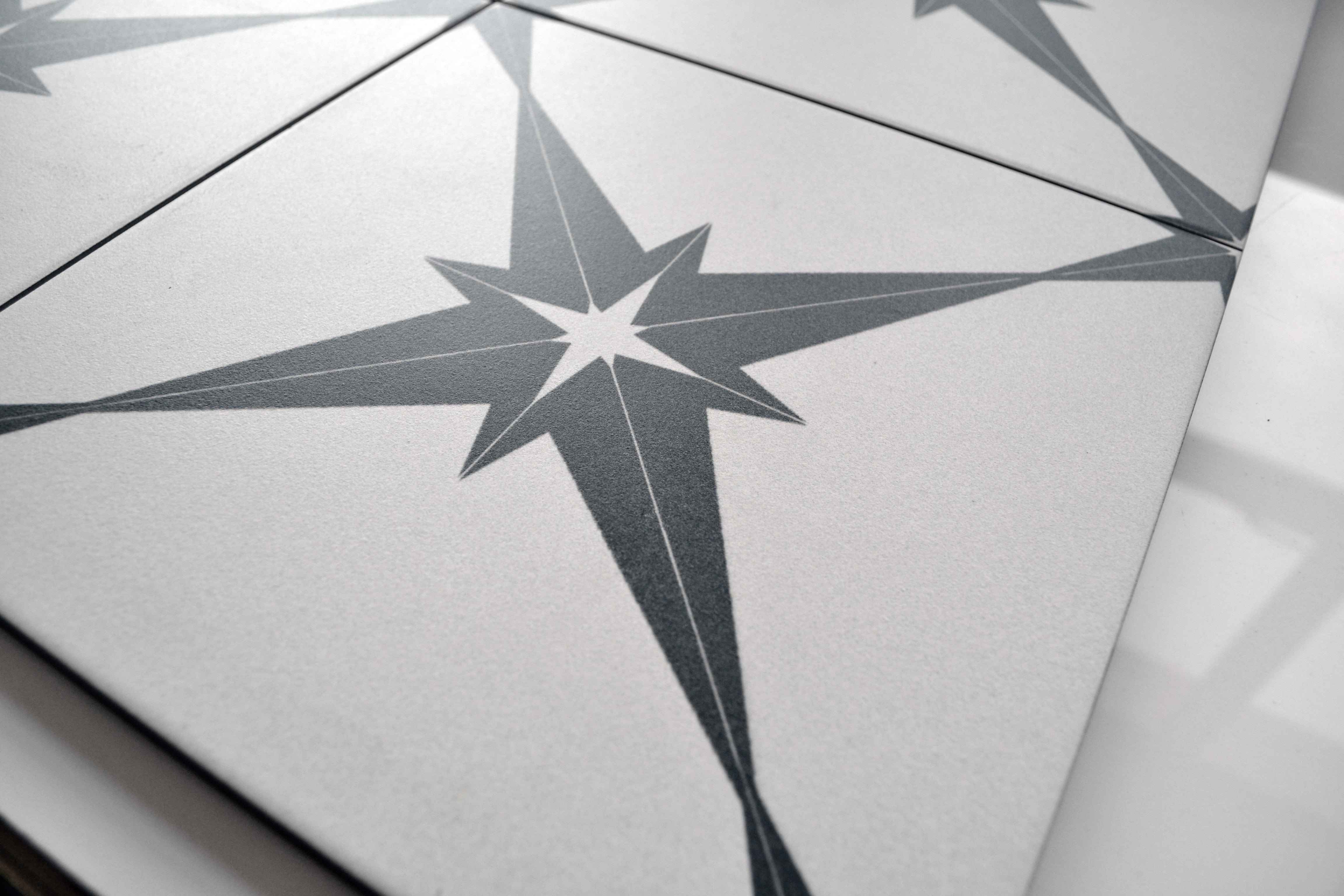 Pluto White & Black Star Pattern Ceramic Tile 45x45cm