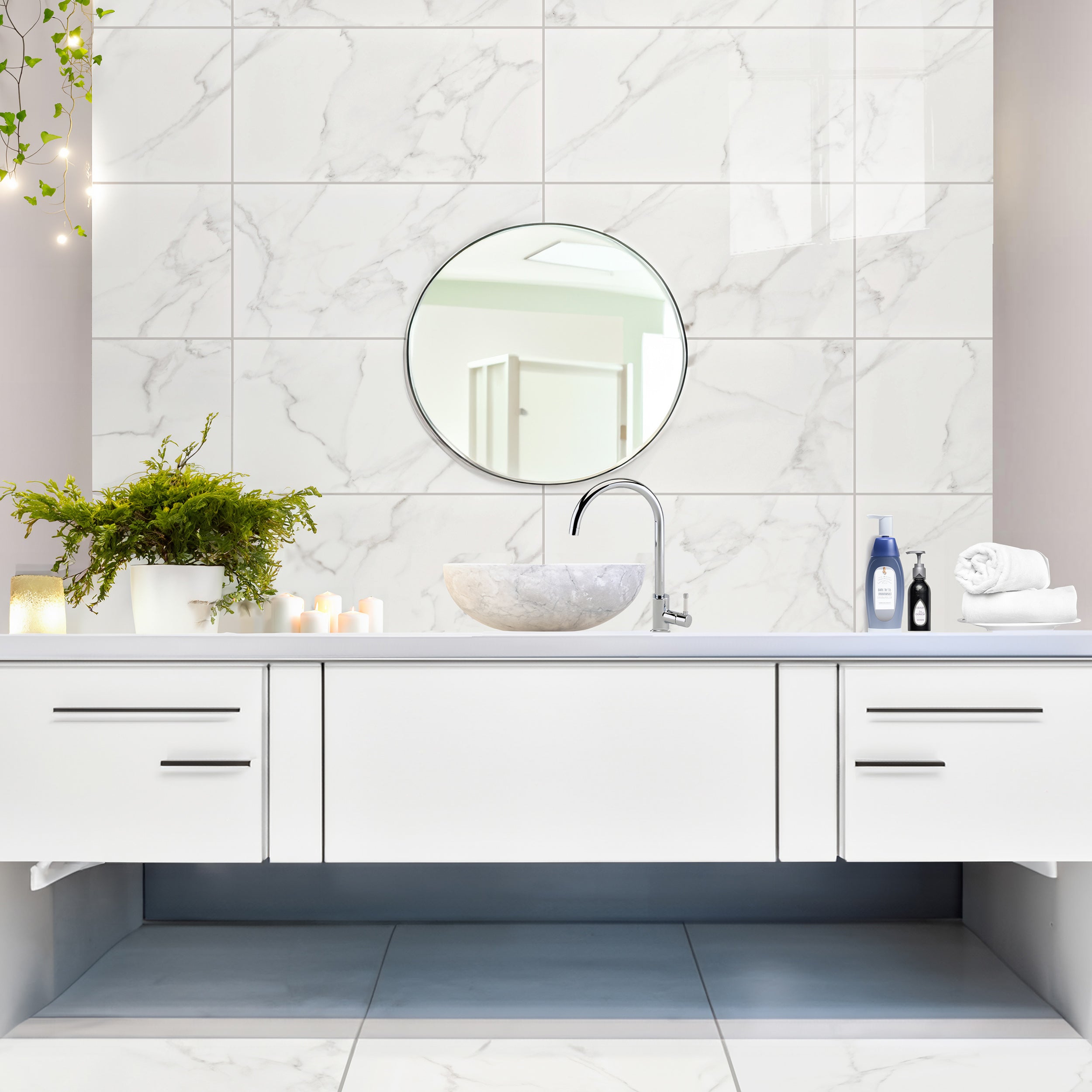 Serenity White Marble Effect Ceramic Gloss Wall Tile 30x60cm