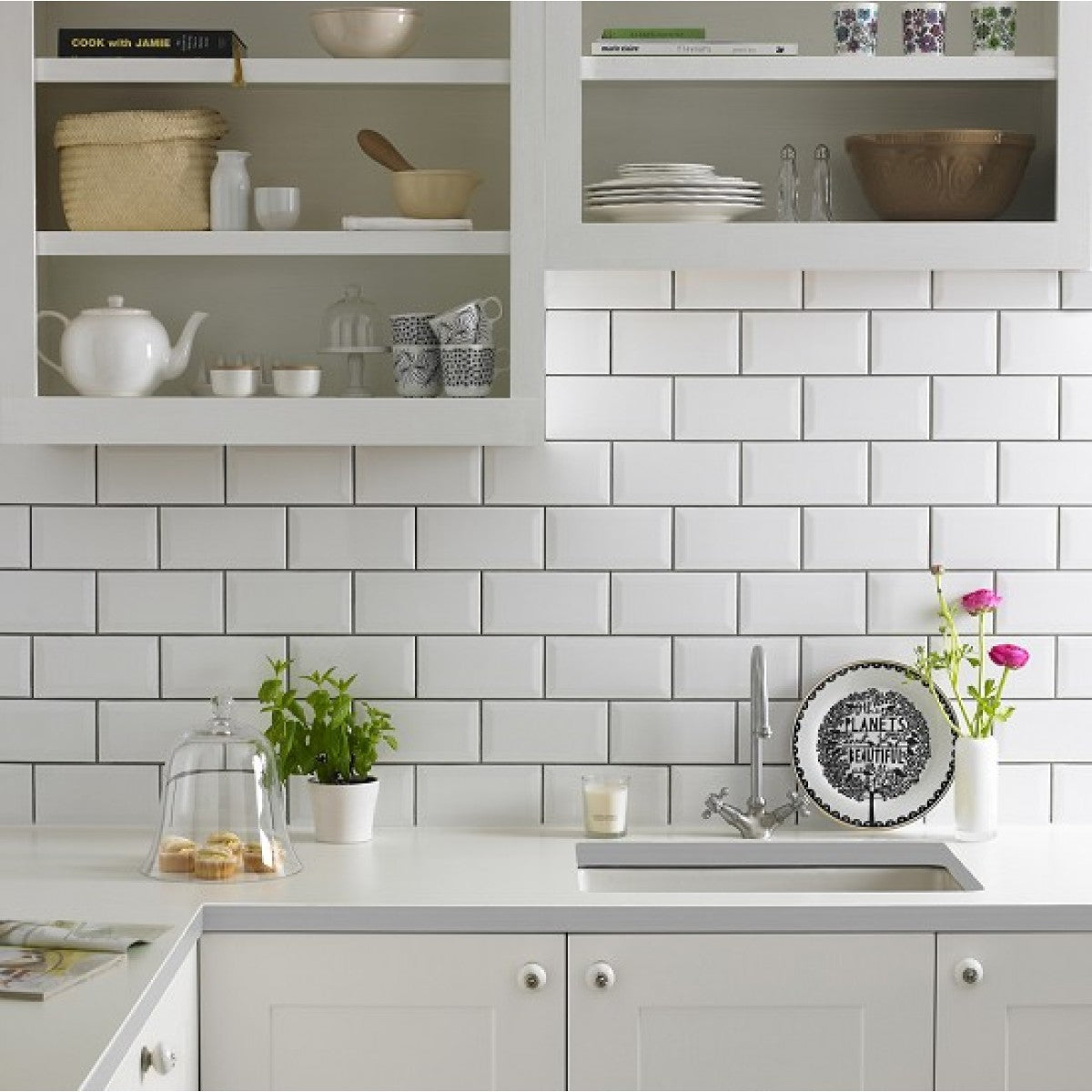 Prismatic White Bevel Brick Ceramic Gloss Wall Tile 10x20cm