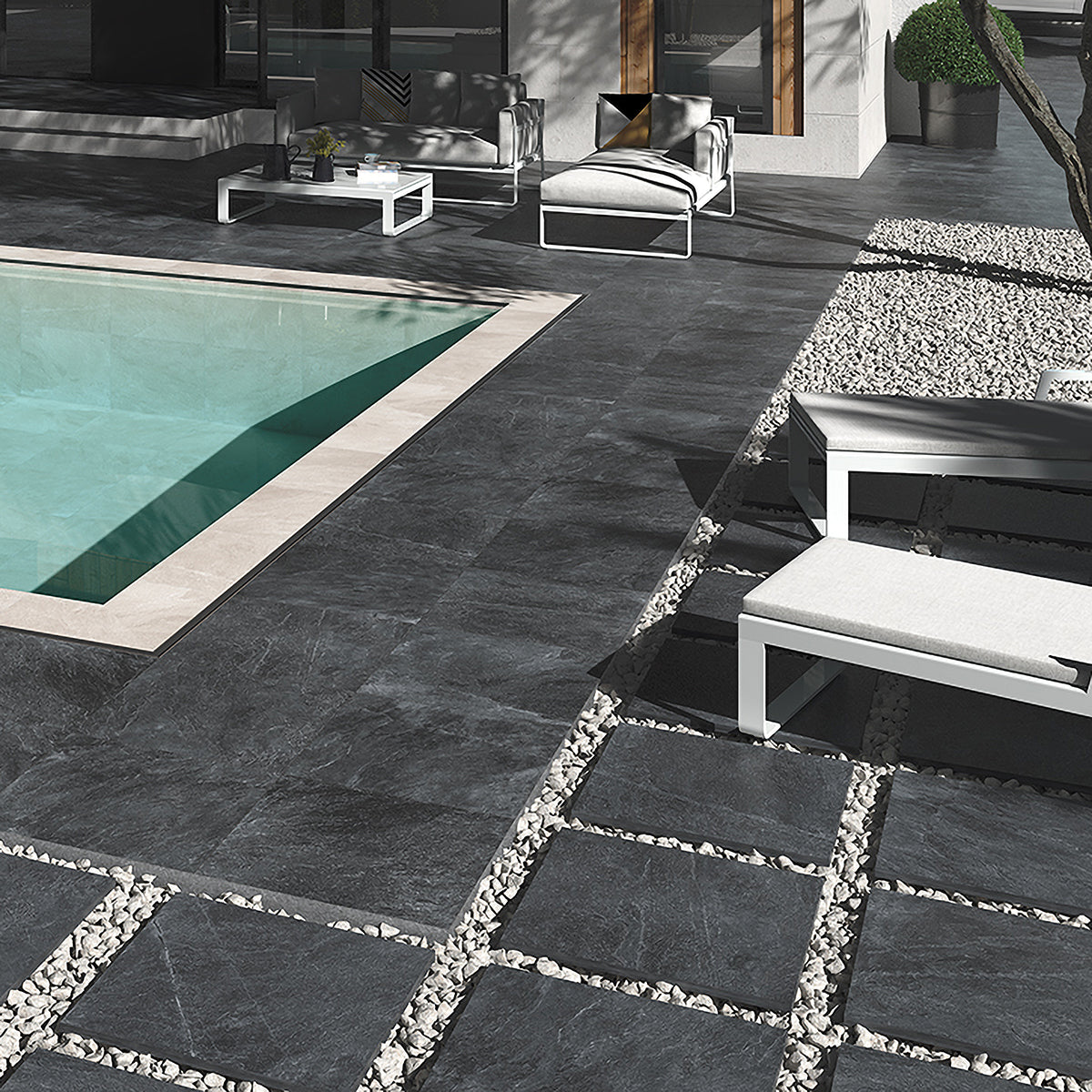 Saca Peak Black Porcelain Textured Slab Tile 59.2x59.2cm 2cm