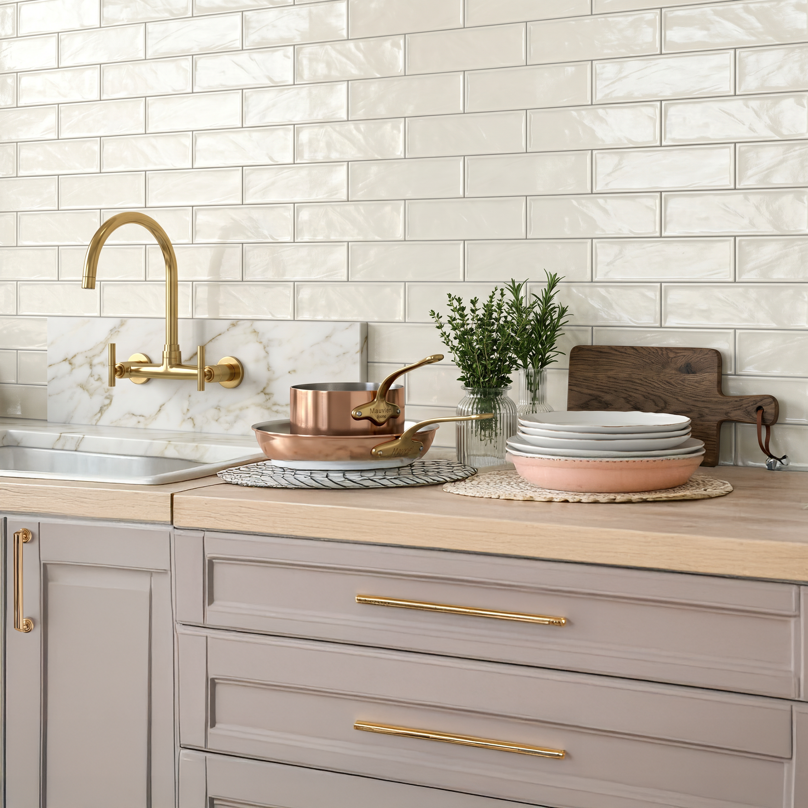 Bellagio Ivory Ceramic Gloss Brick Wall Tile 10x30cm