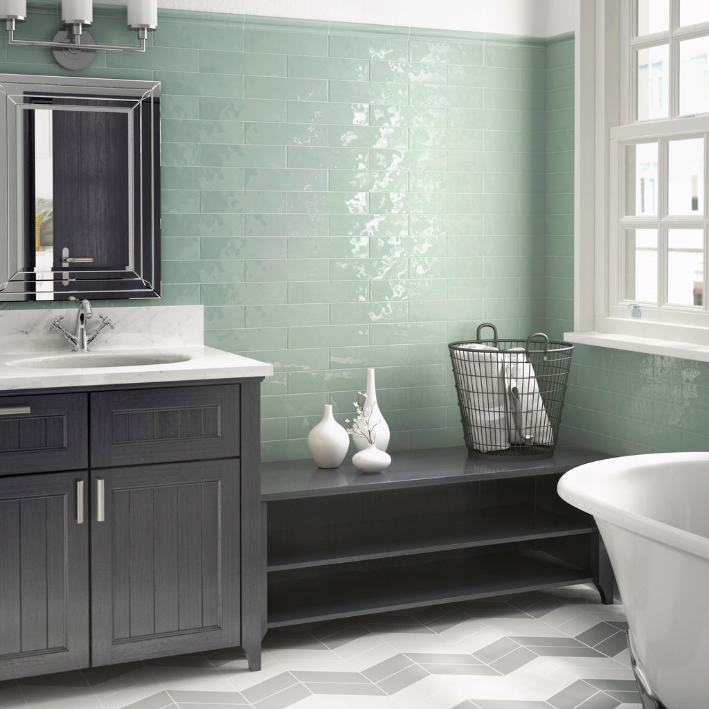Corato Jade Green Ceramic Gloss 7.5x30cm Metro Ripple Effect Wall Tile