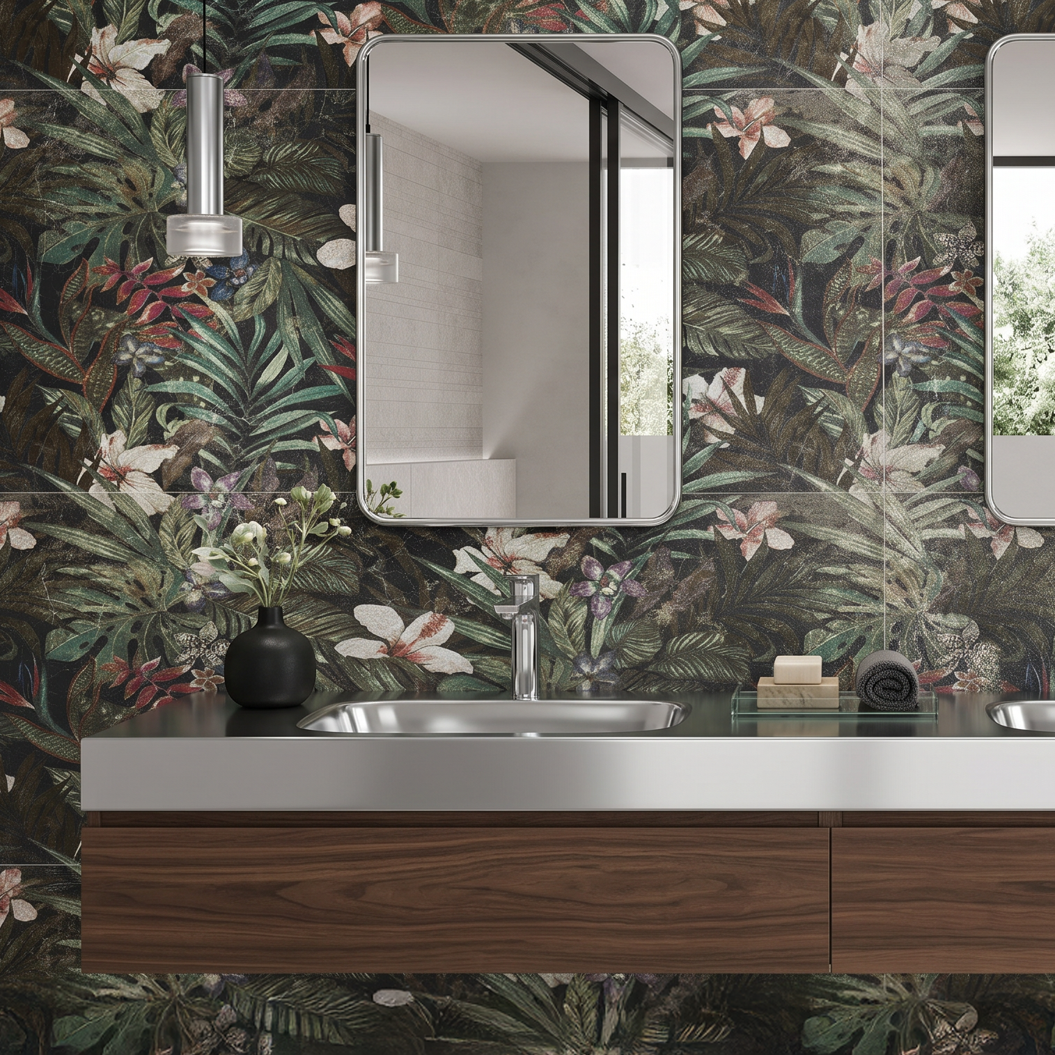 Flore Black Green Botanical Floral Porcelain Tile 60x120cm