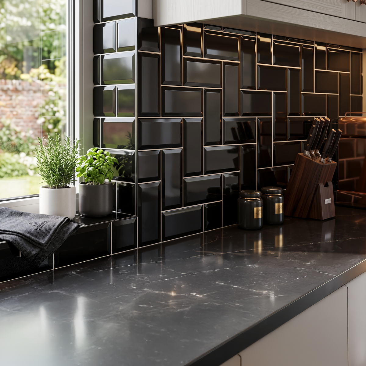 San Metro Black Ceramic Gloss Bevel Brick Wall Tile 10x20cm