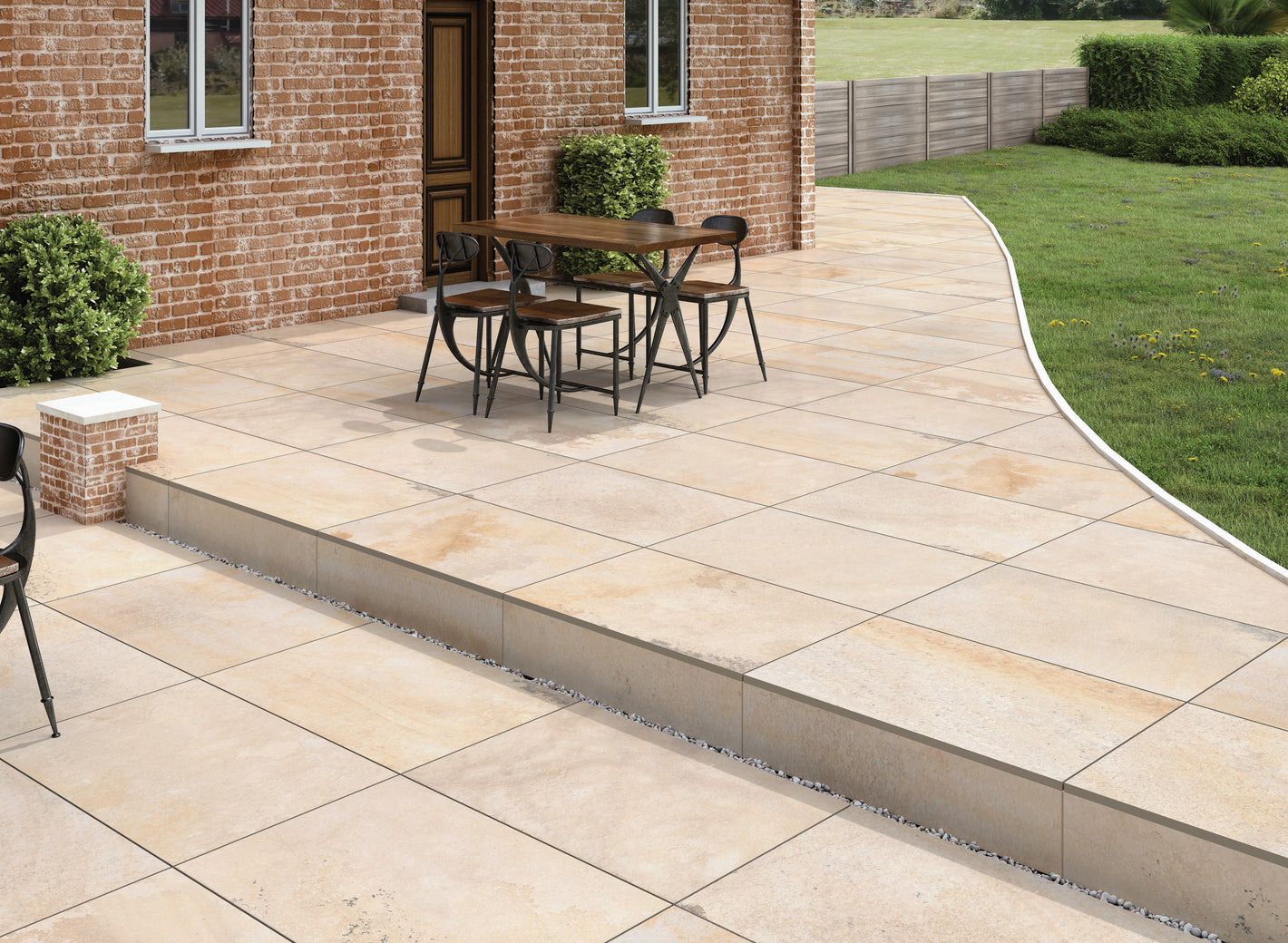 Picture of Mint Fossil porcelain paving tiles - a chic and stylish option for outdoor spaces. These rectified porcelain tiles have a natural appearance and texture, come in one size option, and are frost-resistant and slip-resistant, making them perfect for outdoor use. They are also hard-wearing and virtually maintenance-free.