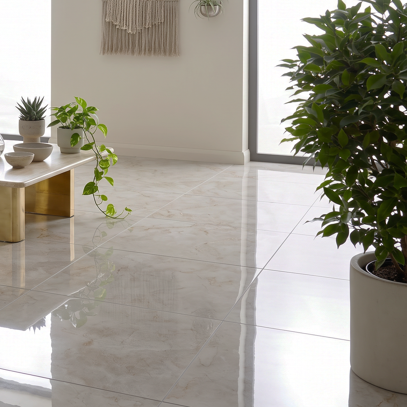 Ottawa Ivory Polished Stone Effect Porcelain Tile 60x60cm