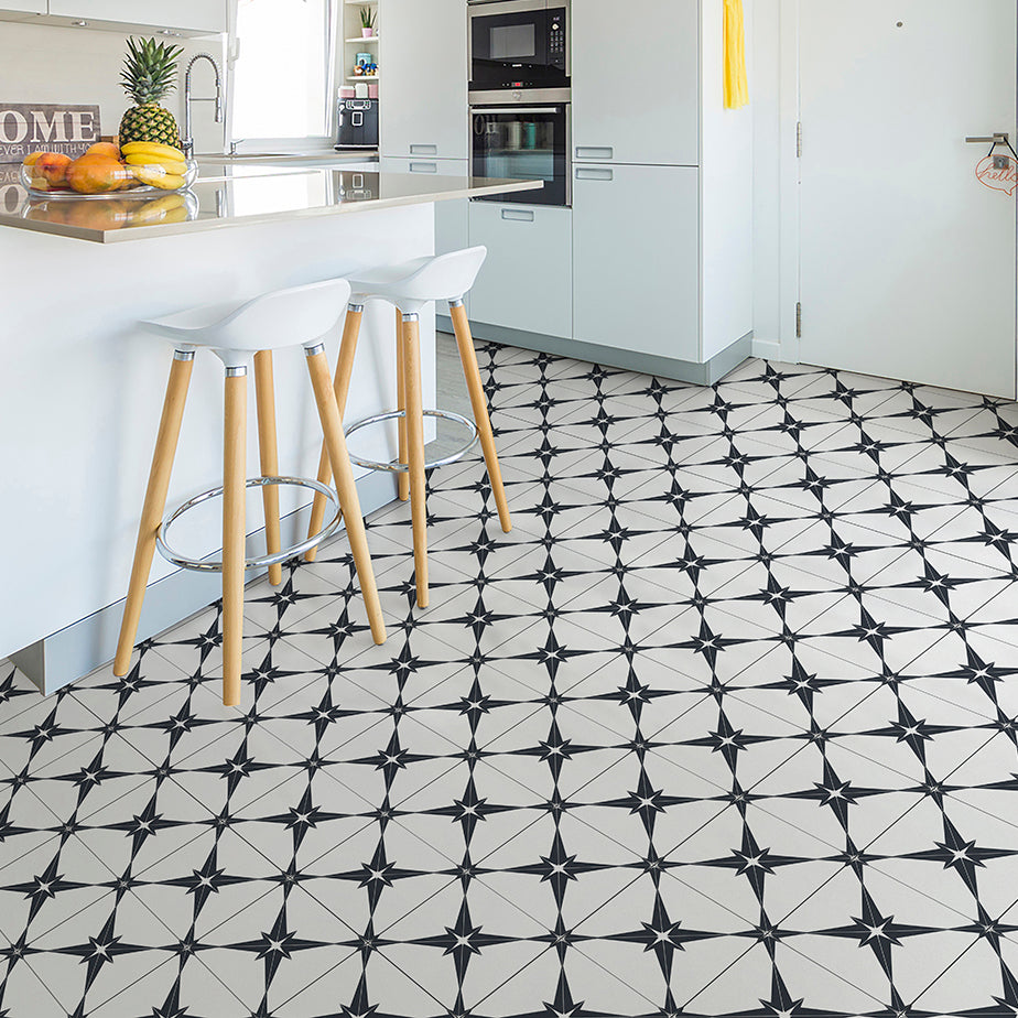 Pluto White & Black Star Pattern Ceramic Tile 45x45cm
