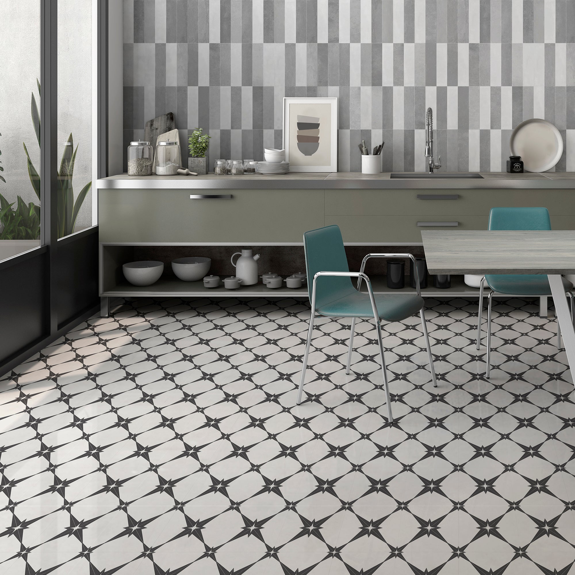 Pluto White & Black Star Pattern Ceramic Tile 45x45cm