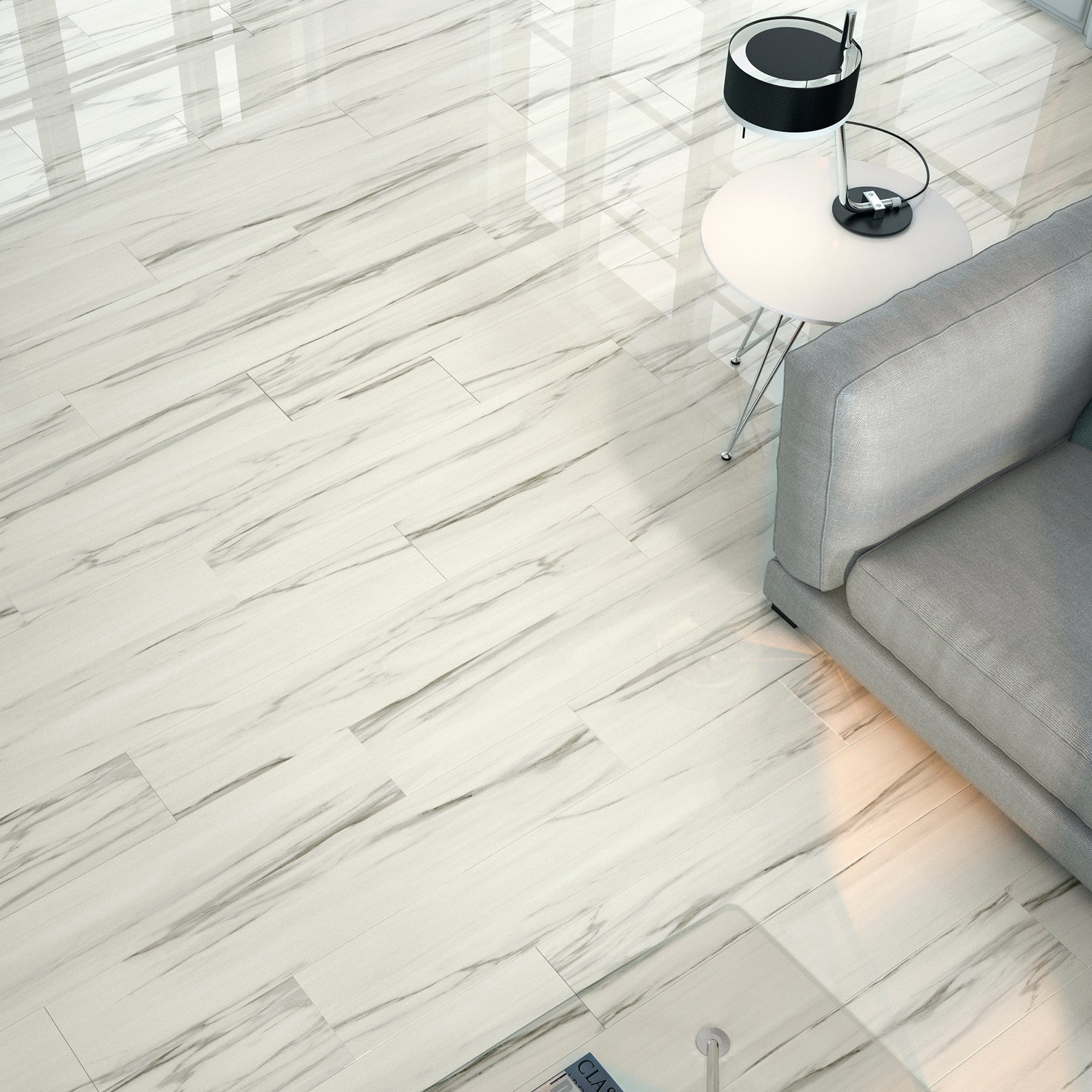 Modern living room marble white porcelain tiles with a gray sofa and a stylish lamp on a white marble floor.