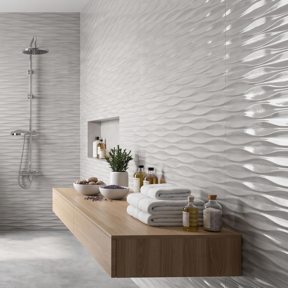 Titanium Pearl Grey 3D Gloss Ceramic Wall Tile 30x90cm